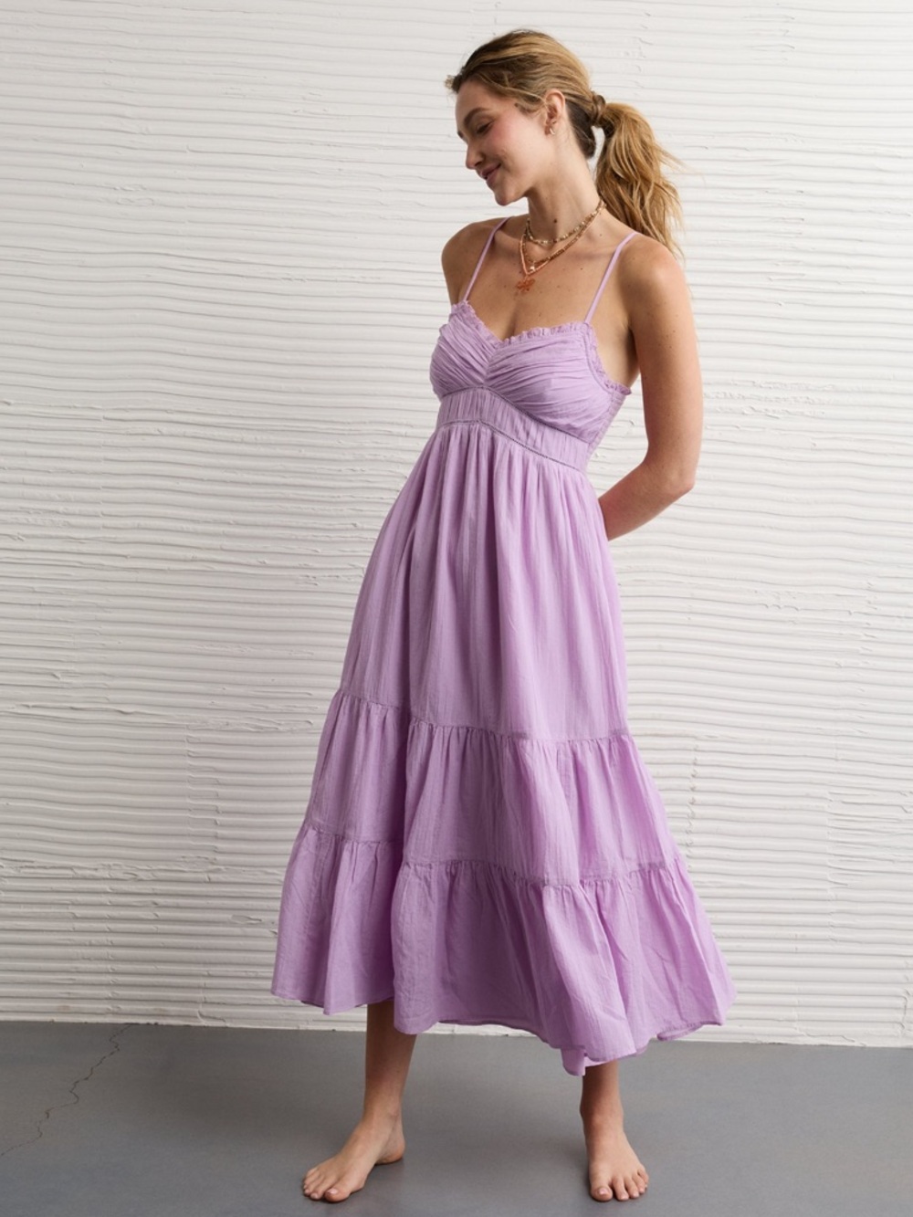 American EagleAE V-Neck Babydoll Midi Dress in Lilac Medium